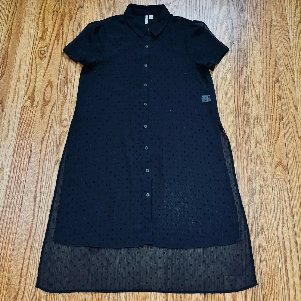 Elle black sheer button up high low short sleeve relaxed long shirt duster Small